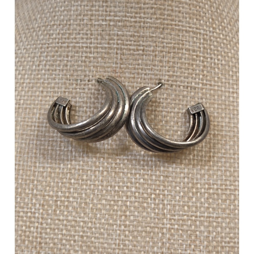 Vintage Sterling Silver Layered Ribbed Hoop Earrings 925 - Picture 3 of 7